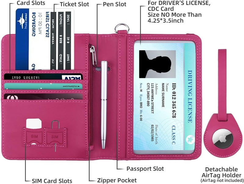WALNEW AirTag Passport Holder, PU Leather Airtag Wallet RFID Blocking Passport Cover Travel Essentials Case for Women Men (Hot Pink) - Image 2